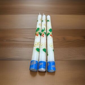 Christmas Taper Candles White Holly Greenery Gold Handpainted Vintage Set 3